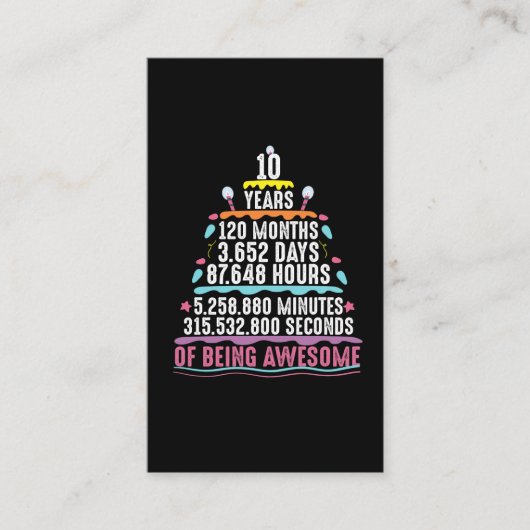 10 jaar oude Cake 10e verjaardag Notulen Visitekaartje (Voorkant)