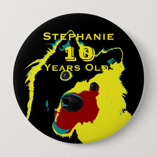 10 jaar oude, Happy Yellow Dog Button Pin Pinback (Voorkant)