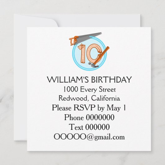 10 jaar oude Jongensbouwer Gereedschap Verjaardags Kaart (Achterkant)