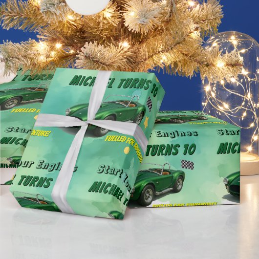 10 Jaar Oude Verjaardag Party Green Racing Car Cadeaupapier (Feestdagen)