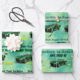 10 Jaar Oude Verjaardag Party Green Racing Car Inpakpapier Vel