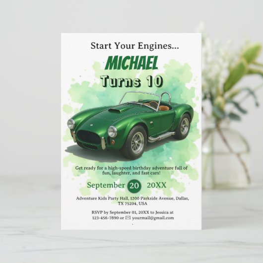 10 Jaar Oude Verjaardag Party Green Racing Car Kaart (Staand voorkant)