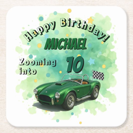 10 Jaar Oude Verjaardag Party Green Racing Car Kartonnen Onderzetters (Voorkant)