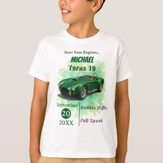 10 Jaar Oude Verjaardag Party Green Racing Car T-shirt (Voorkant)