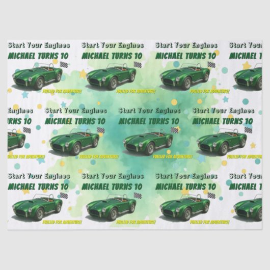 10 Jaar Oude Verjaardag Party Green Racing Car Tissuepapier (Voorkant)