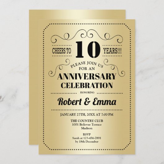 10-jarig huwelijksjubileumfeest - Goud Zwart Kaart (Voorkant / Achterkant)