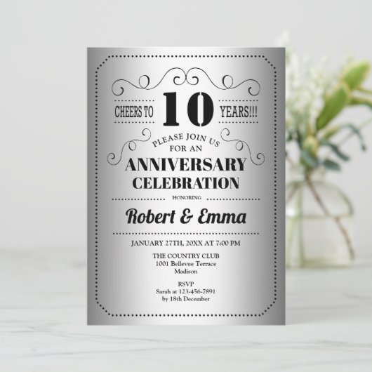 10-jarig huwelijksjubileumfeest - Zilver Zwart Kaart (Staand voorkant)