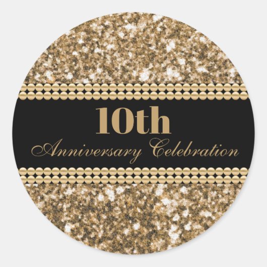 10-jarig jubileumfeest gouden glittersparels ronde sticker (Voorkant)