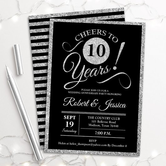 10-jarig jubileumfeest - Zilveren Zwarte Uitnodigi Kaart