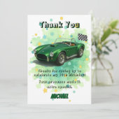 10-jarig verjaardagsfeest groene raceauto bedankkaart (Staand voorkant)