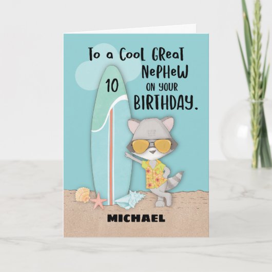 10-jarige Nephew Birthday Beach Funny Raccoon Kaart (Voorkant)