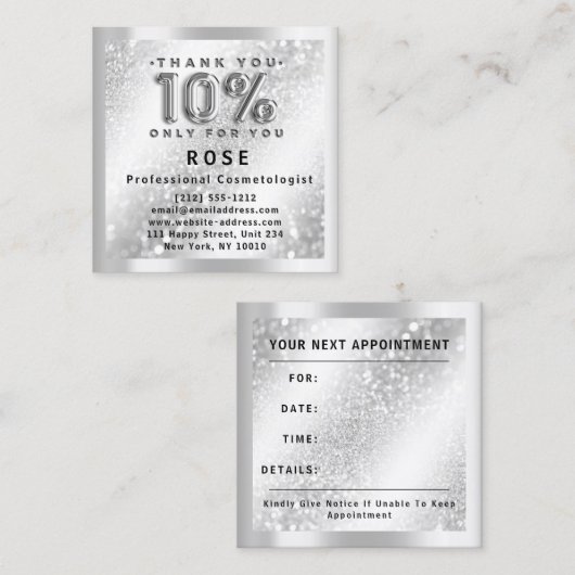 10% korting Logo Haar make-up Glitter Silver Afsprakenkaartje (Voorkant / Achterkant)
