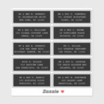10 Naam individuele gast Adres Partij Wedding Sti Sticker<br><div class="desc">10 de Afzonderlijke Stickers van het Adres van de Naam van de Gast van de Partij van het Vertrouwen Zwarte Manuscript van de Band van de Band van de Band van de Band van de Band kenmerkt 10 stickers met uw individuele gastnaam en adres op elke sticker in wit manuscript...</div>
