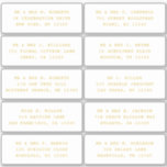 10 Naam persoonlijke gast Adres Weddenschap partij Sticker<br><div class="desc">10 Individuele Gast Naam Adres Partij Bruiloft Gouden Script Stickers beschikt over 10 stickers met uw individuele gast naam en adres op elke sticker in metallic gouden script op een witte achtergrond. Ook ideaal voor Kerst- en Vakantiekaarten, verjaardagsfeestuitnodigingen, huwelijksuitnodigingen, baby showers, vrijgezellenfeesten, bedankkaarten en kantoor mail outs. Bewerk de tekst...</div>