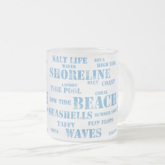 10 oz frosted mug in beach text matglas koffiemok (Voorkant rechts)