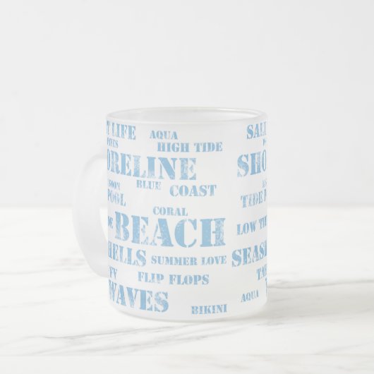10 oz frosted mug in beach text matglas koffiemok (Voorkant links)