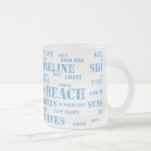 10 oz frosted mug in beach text matglas koffiemok (Rechts)