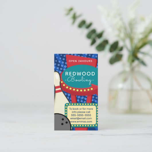 10-pins bowlingretro neon bowling alley visitekaartje (Staand voorkant)