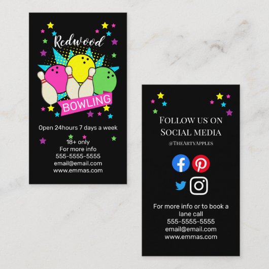 10-pins bowlingretro neon bowling alley visitekaartje (Voorkant / Achterkant)