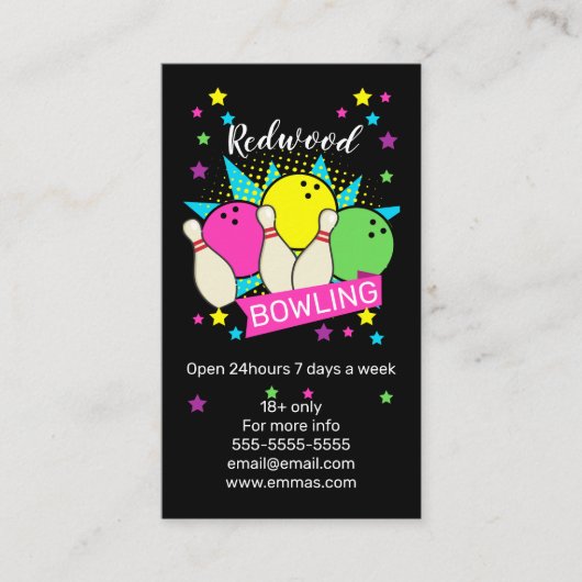 10-pins bowlingretro neon bowling alley visitekaartje (Voorkant)
