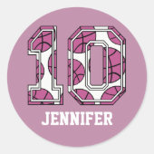 10 Roze en wit Basketball-nummer Ronde Sticker (Voorkant)