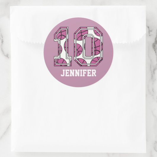 10 Roze en wit Basketball-nummer Ronde Sticker (Tas)