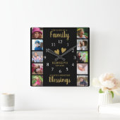 10 Square Photo Collage Family Quote Black Gold Vierkante Klok (Huis)