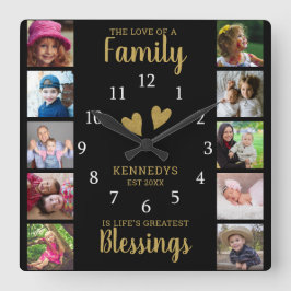 10 Square Photo Collage Family Quote Black Gold Vierkante Klok