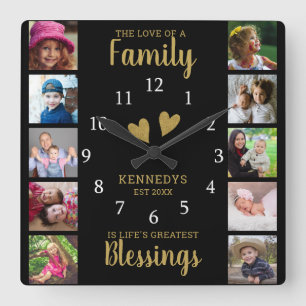 10 Square Photo Collage Family Quote Black Gold Vierkante Klok