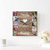 10 Square Photo Collage Family Quote Rustic Wood Vierkante Klok (Huis)
