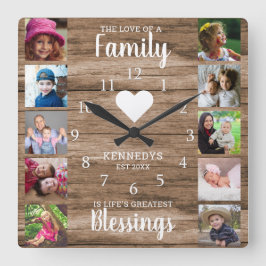 10 Square Photo Collage Family Quote Rustic Wood Vierkante Klok