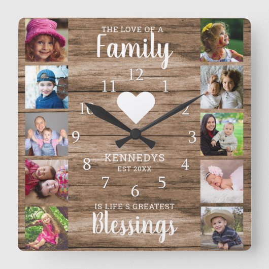 10 Square Photo Collage Family Quote Rustic Wood Vierkante Klok (Voorkant)