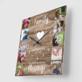10 Square Photo Collage Family Quote Rustic Wood Vierkante Klok (Hoek)