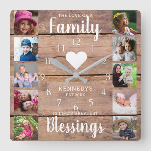 10 Square Photo Collage Family Quote Rustic Wood Vierkante Klok (Voorkant)