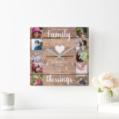 10 Square Photo Collage Family Quote Rustic Wood Vierkante Klok (Huis)