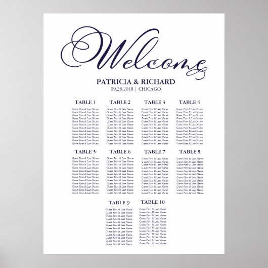 10 Tables Wedding Seating Chart Board Simple Poster (Voorkant)