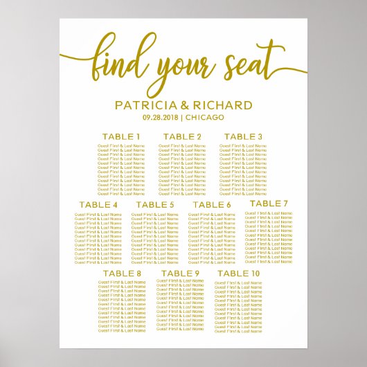 10 Tables Wedding Seating Chart Gold Calligrafie Poster (Voorkant)