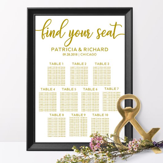 10 Tables Wedding Seating Chart Gold Calligrafie Poster