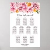 10 Tafel Elegant Pink Floral Wedding Seating Chart Poster (Voorkant)