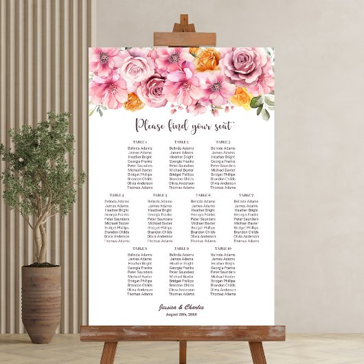 10 Tafel Elegant Pink Floral Wedding Seating Chart Poster