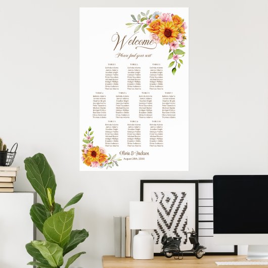 10 Tafel Geel Roze Bloemen Bruiloft Zittingkaart Poster (Thuiskantoor)