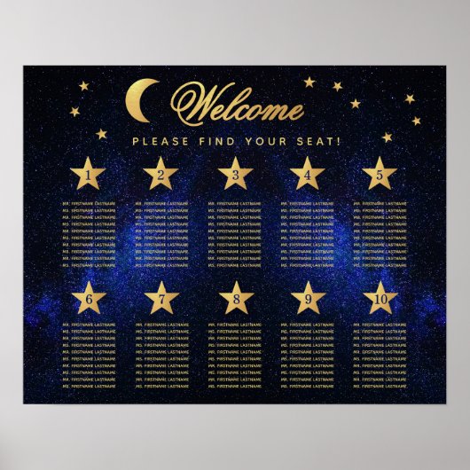 10 tafel Hemels Huwelijk Blauw Gouden zitplaatskaa Poster (Voorkant)