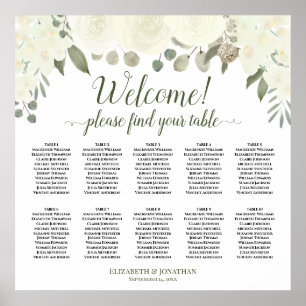 10 Tafel Ivory White Roses Wedding Seating Chart Poster