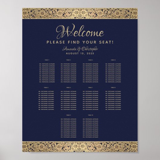 10 Tafel Navy Blauwe Trouwstoelindeling Gouden Roo Poster (Voorkant)