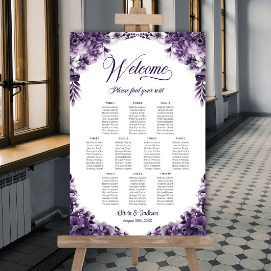 10 Tafel Paarse Bloem Bruiloftstoelindeling Poster