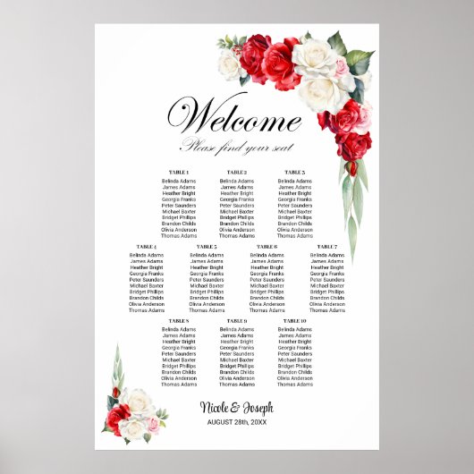 10 Tafel Rood Wit Rose Bloemen Zitting Grafiek Poster (Voorkant)