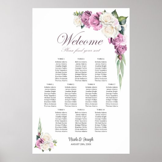 10 Tafel Roze Witte Roos Bloemen Zitting Grafiek Poster (Voorkant)