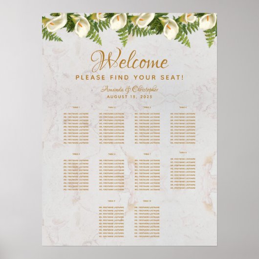 10 Tafel-weduwenkaart Calla Lilies Marble Poster (Voorkant)