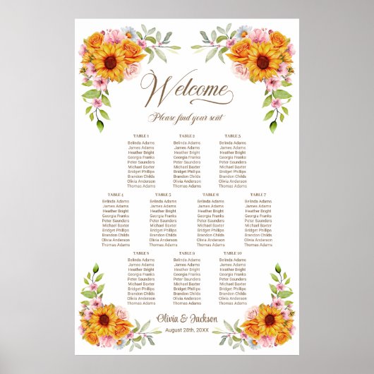 10 Tafel Zonnebloem Roos Trouwstoelkaart Poster (Voorkant)