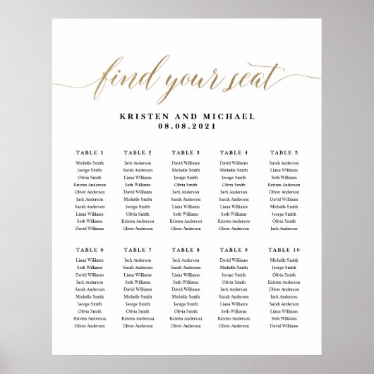 10 Tafels 100 Gasten Vind Je Plaats Zitplaatsindel Poster (Voorkant)